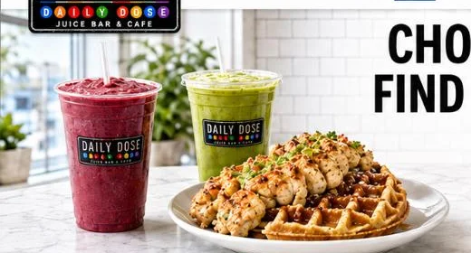 Daily Dose smoothies and a savory chicken waffle